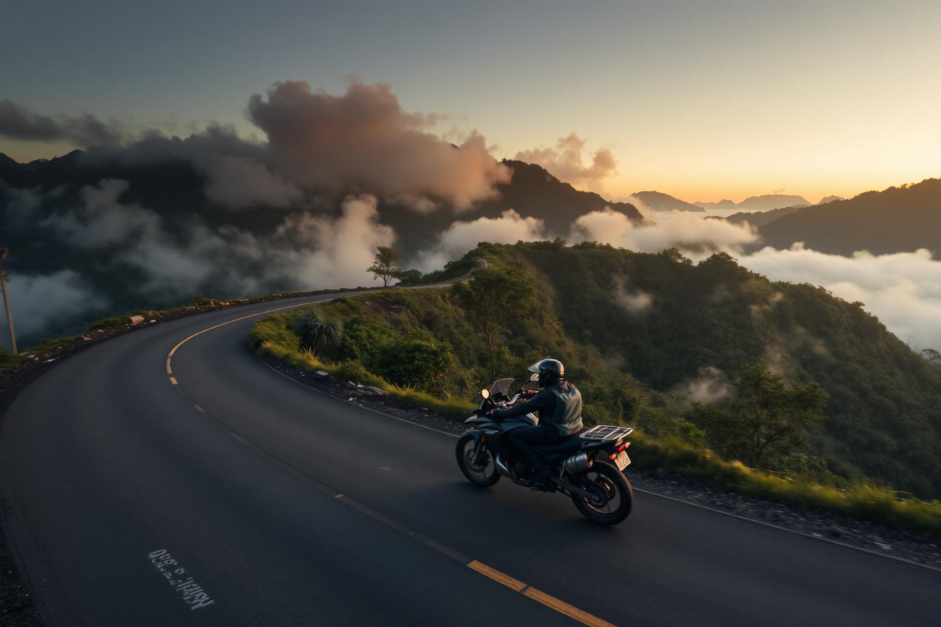 Motorcyclist riding a misty mountain road at sunrise in Vietnam